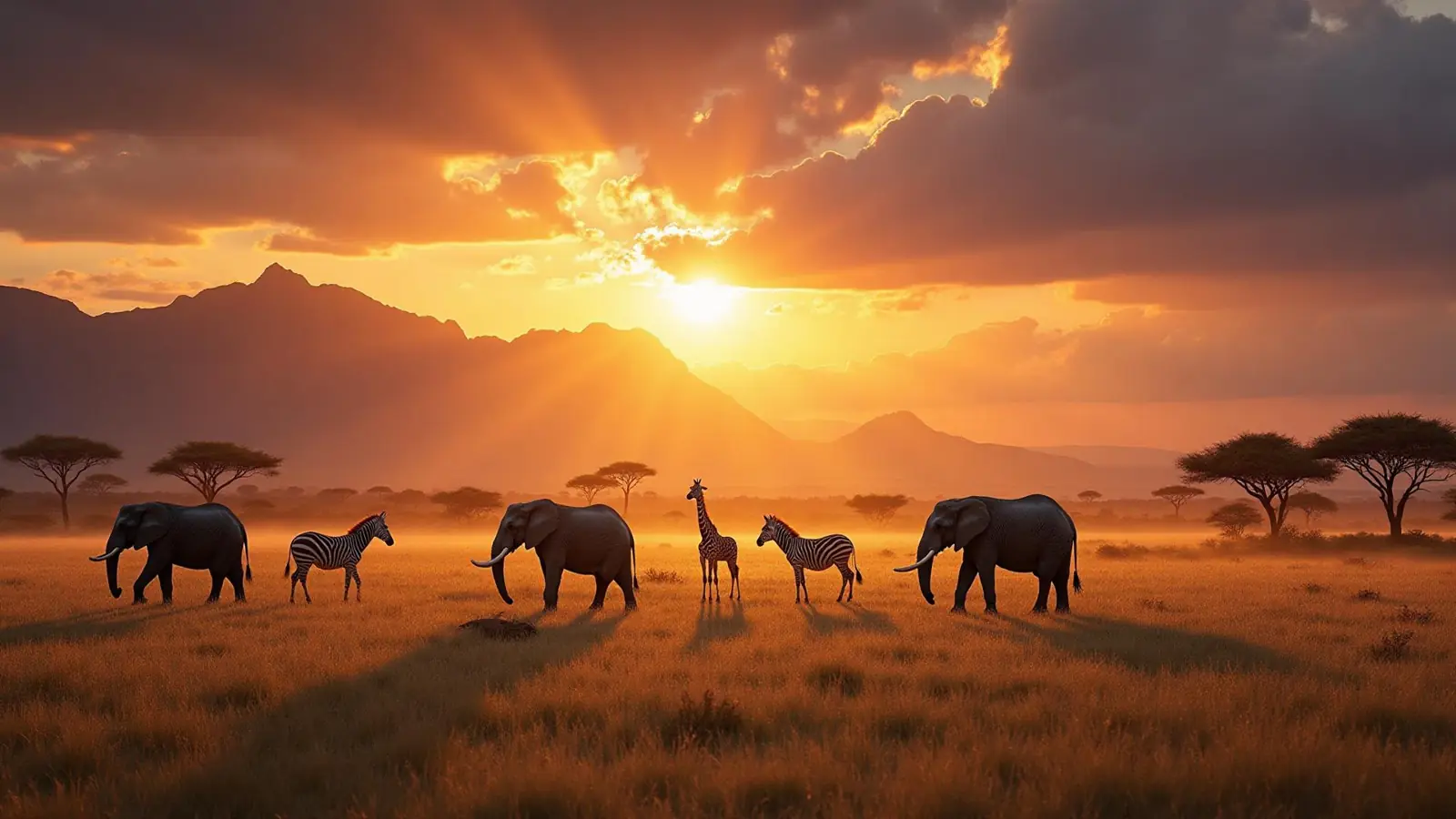 Elephants and giraffe crossing the Kenyan savanna at sunset